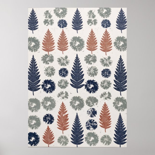 Navy Terracotta Fern Leaf Linocut Pattern Poster (Front)