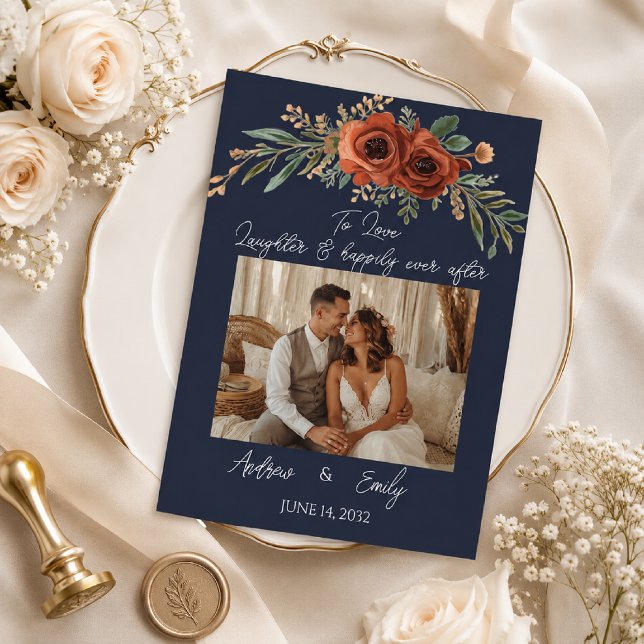 Navy Terracotta Floral Boho Wedding Invitation (Creator Uploaded)