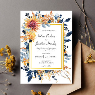 Navy Terracotta Rust Elegant Floral Rustic Wedding Invitation