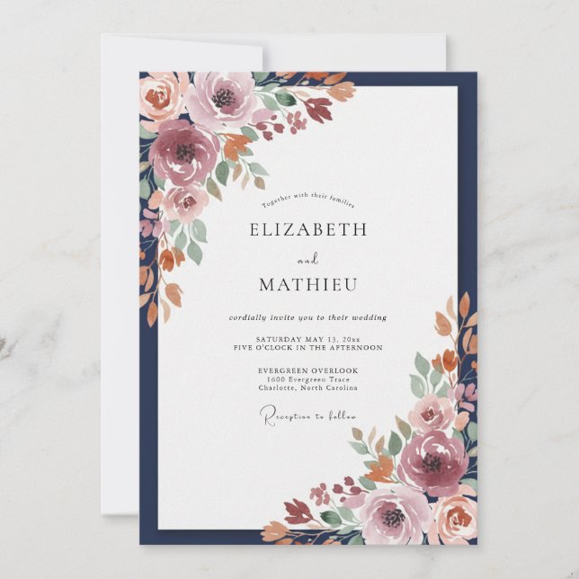 Navy Terracotta Wildflower Wedding Invitation (Front)