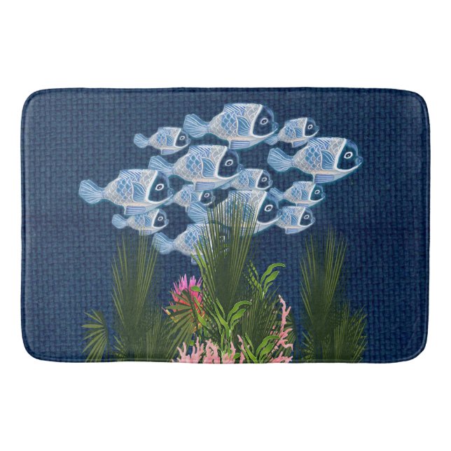 Navy Textured,Fish,Pink-Coral Bath Mat (Front)