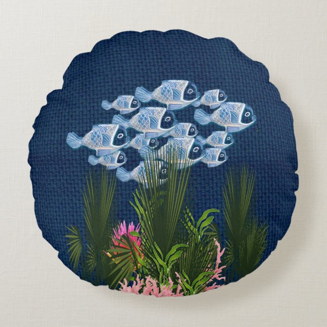 Navy Textured,Fish,Pink-Coral Round Cushion (Front)