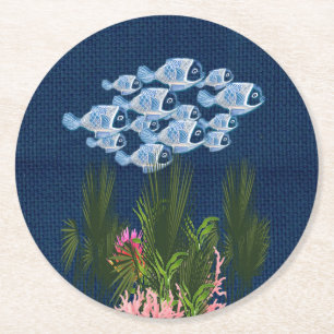 Navy Textured,Fish,Pink-Coral Round Paper Coaster