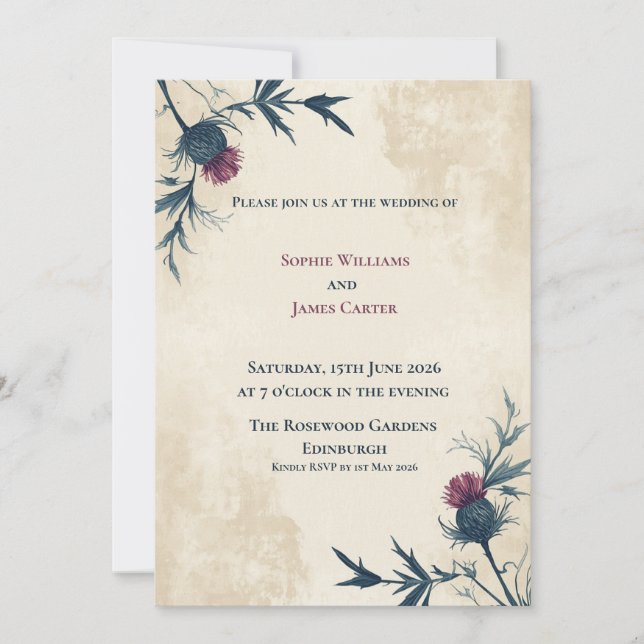Navy Thistle Parchment Scottish Wedding Invitation (Front)