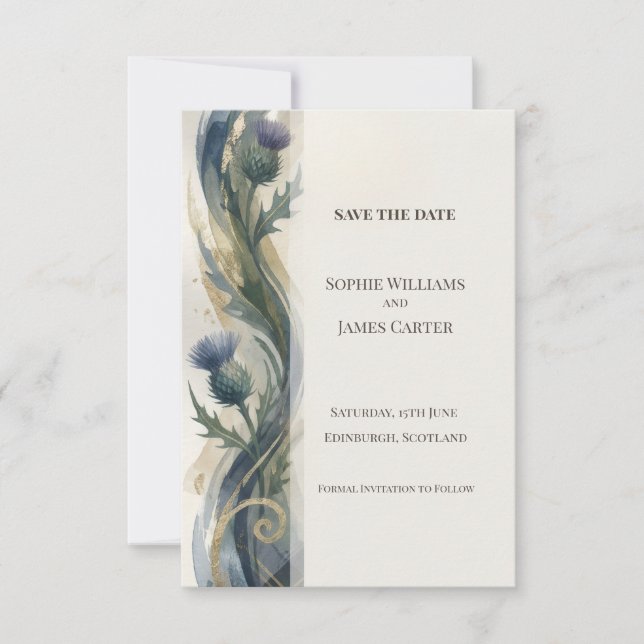 Navy Thistle Save The Date Card (Front)