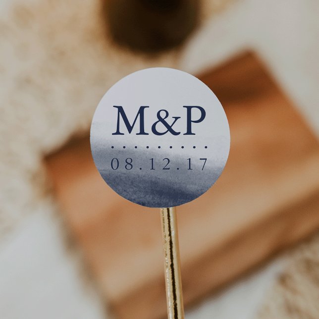 Navy Tides Wedding Monogram Classic Round Sticker (Creator Uploaded)