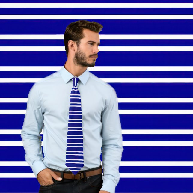 Navy Tie With Thin Horizontal White Stripes (Man wears a tie with thin white stripes on a navy blue.
)