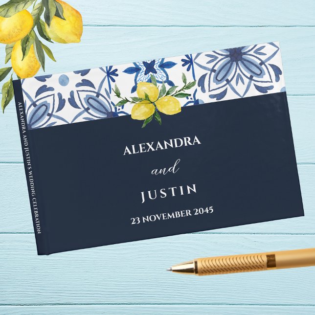 Navy Tile Mediterranean Lemon Italian Wedding Guest Book (Creator Uploaded)