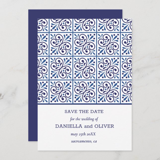Navy Tile Mediterranean wedding save the date Invitation (Front/Back)
