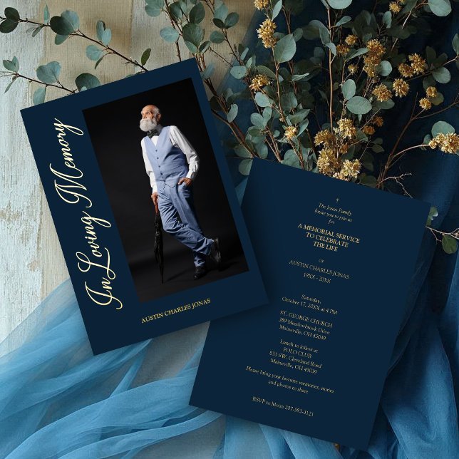 Navy Traditional & Elegant Real Golden Photo  (Navy Traditional & Elegant Golden Photo Funeral Dear Ones Real Metallic Foil Invitations.)