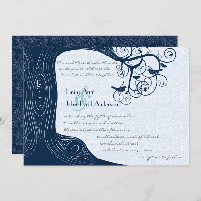 Navy Tree Swirls  Wedding Invitation (Front/Back)