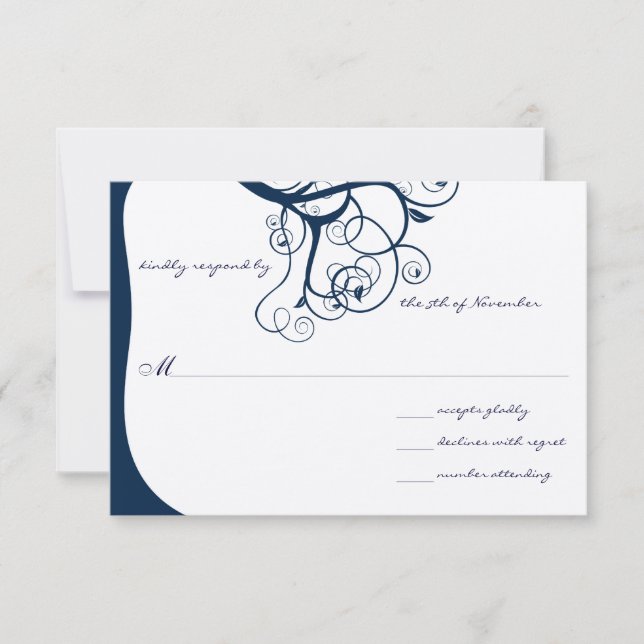 Navy Tree Swirls Wedding RSVP Invitations (Front)
