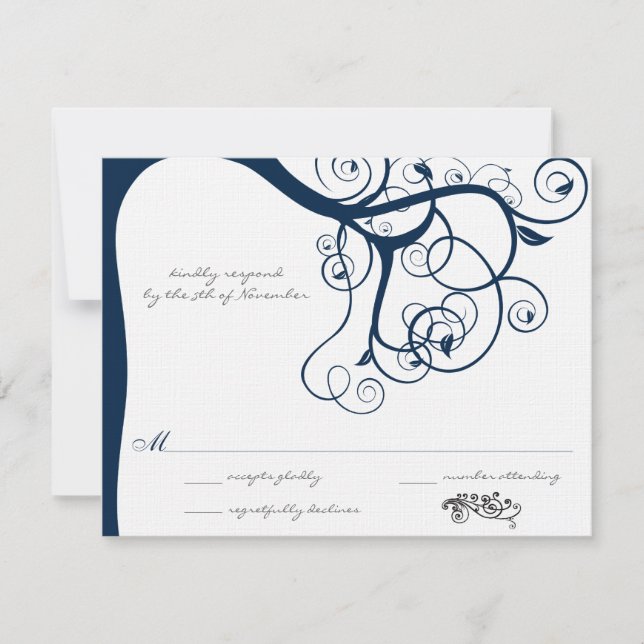 Navy Tree Swirls Wedding RSVP Invitations (Front)