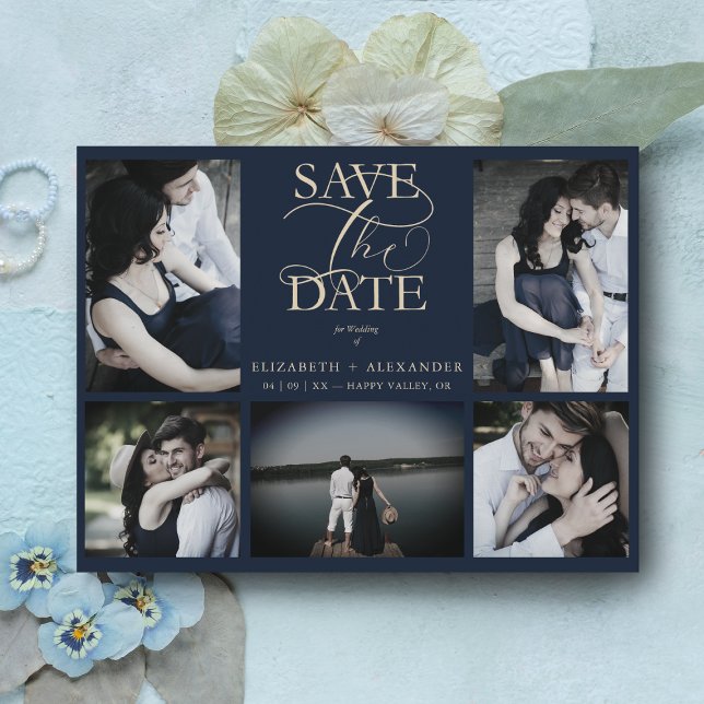 Navy Trendy Chic Collage Wedding Covid19 5 Photos Postcard (Creator Uploaded)