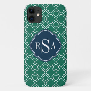 Navy Triple Monogram Emerald Quatrefoil Pattern Case-Mate iPhone Case