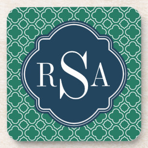Navy Triple Monogram Emerald Quatrefoil Pattern Coaster