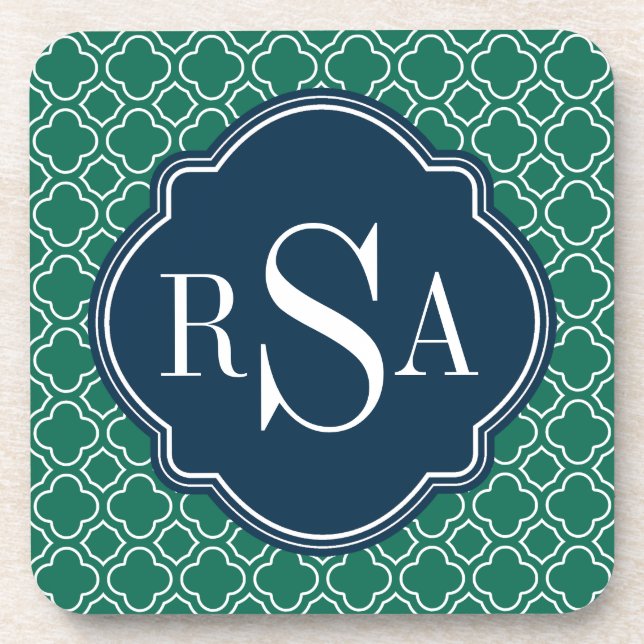 Navy Triple Monogram Emerald Quatrefoil Pattern Coaster (Front)