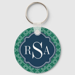 Navy Triple Monogram Emerald Quatrefoil Pattern Key Ring