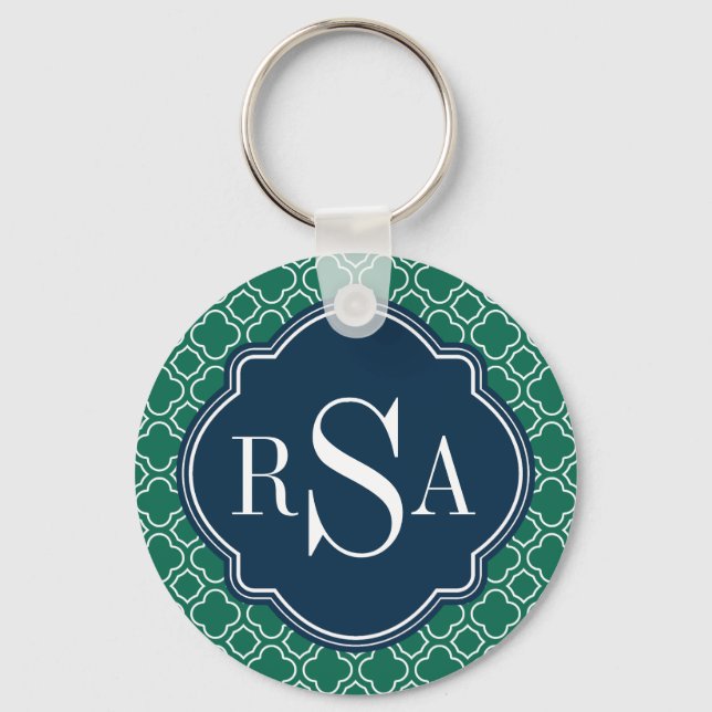 Navy Triple Monogram Emerald Quatrefoil Pattern Key Ring (Front)