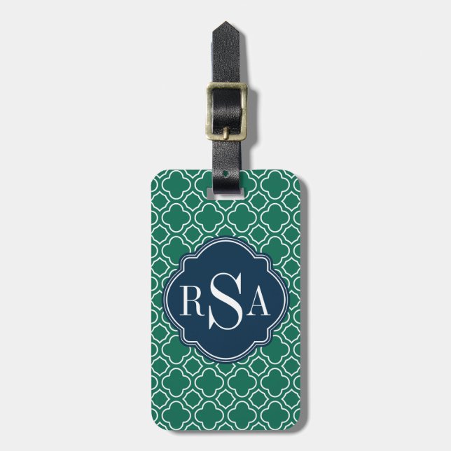Navy Triple Monogram Emerald Quatrefoil Pattern Luggage Tag (Front Vertical)