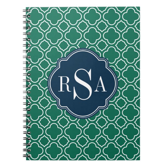 Navy Triple Monogram Emerald Quatrefoil Pattern Spiral Notebook (Front)