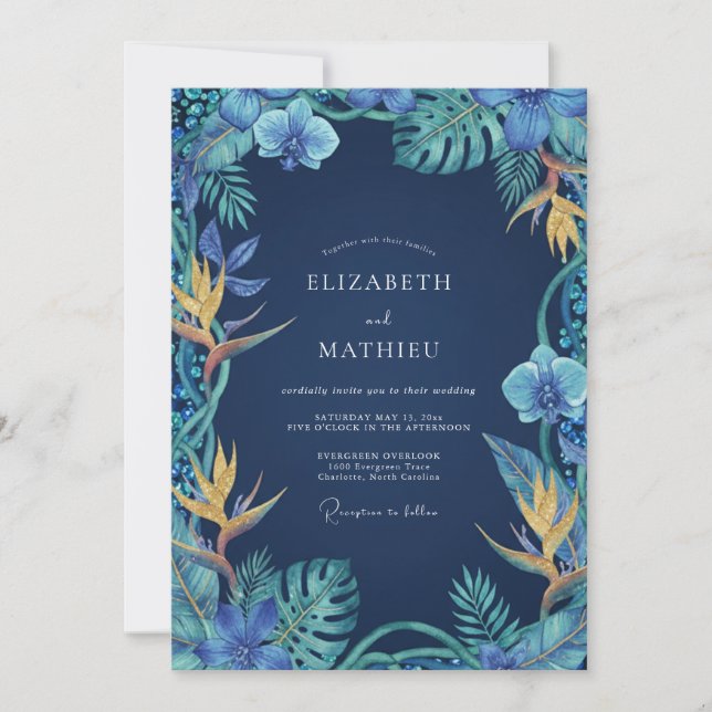 Navy Tropical Orchid Wedding Invitation (Front)