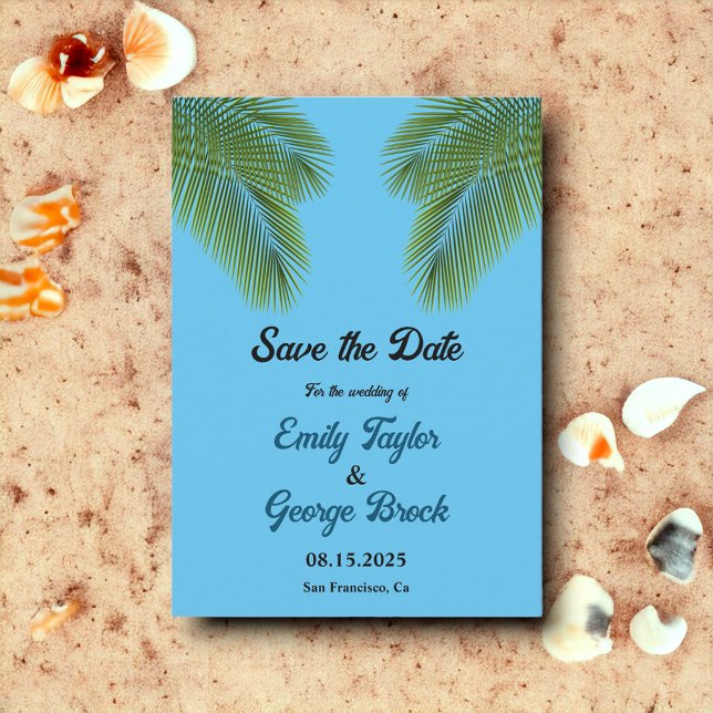 Navy Tropical Palm Blue Beach Destination Wedding Save The Date (Creator Uploaded)