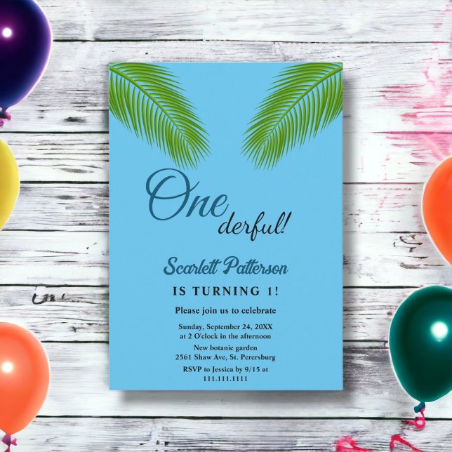 Navy Tropical Palm Coastal Beach 1st Birthday Invitation (Creator Uploaded)