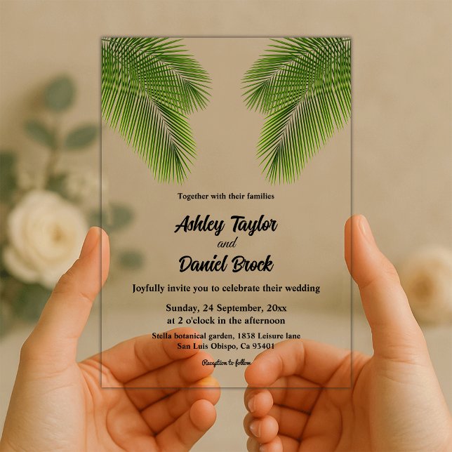 Navy Tropical Palm Leaf Beach Destination Wedding Acrylic Invitations (Creator Uploaded)