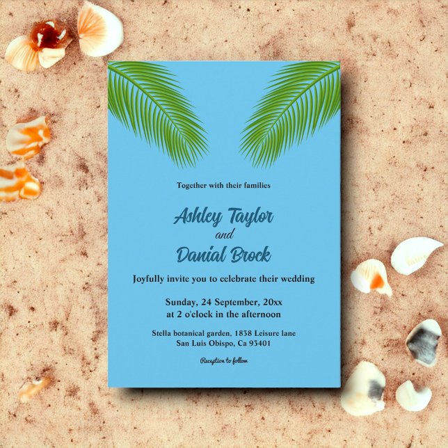 Navy Tropical Palm Leaf Blue Coastal Beach Wedding Invitation (Creator Uploaded)