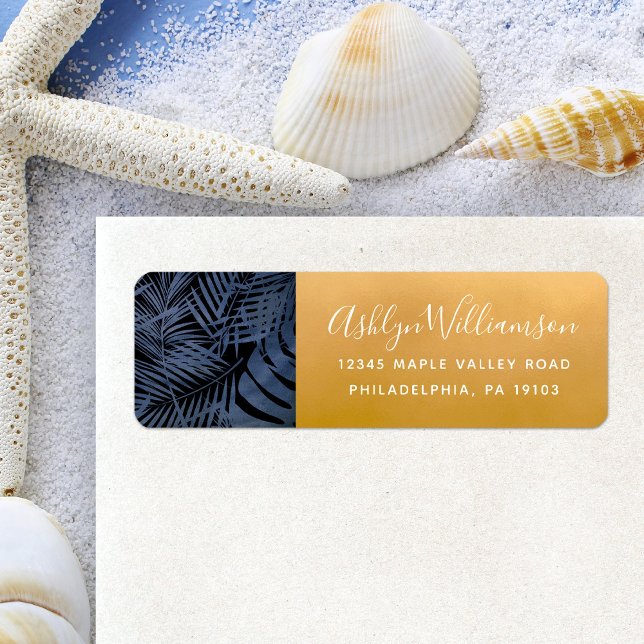 Navy tropical palm leaf modern script gold address (Creator Uploaded)