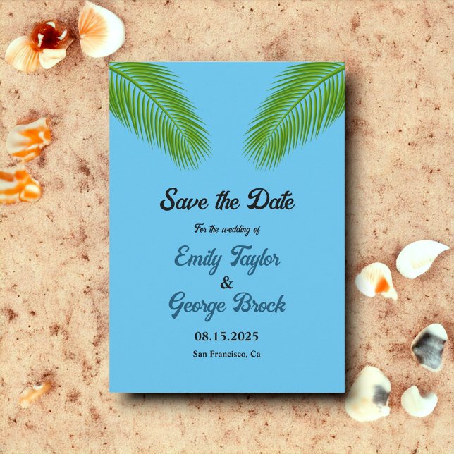 Navy Tropical Palm Leaves Blue Beach Wedding Save The Date (Creator Uploaded)