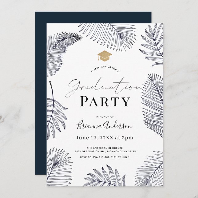 Navy Tropical Palm Tree Leaves Graduation Invitation (Front/Back)