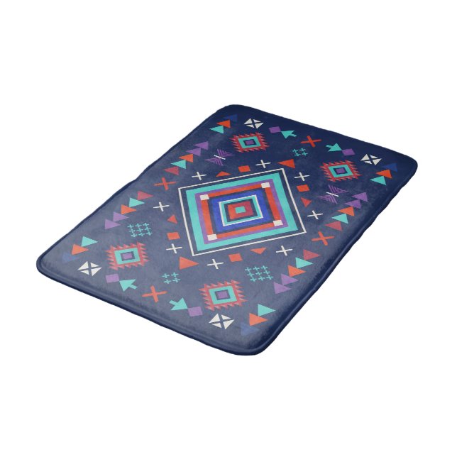 Navy Turquoise Boho Geometric Surface Pattern Bath Mat (Angled)