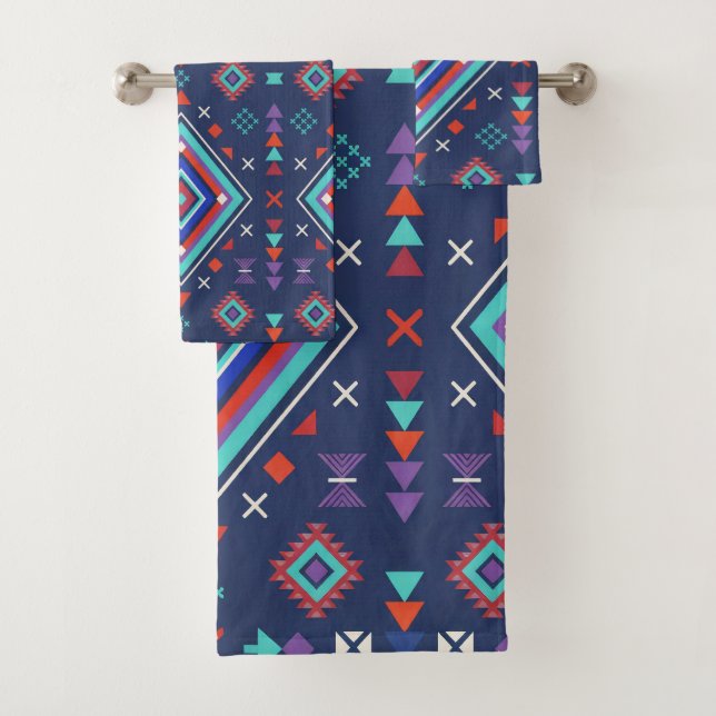 Navy Turquoise Boho Geometric Surface Pattern Bath Towel Set (Insitu)