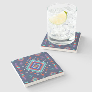 Navy Turquoise Boho Geometric Surface Pattern Stone Coaster