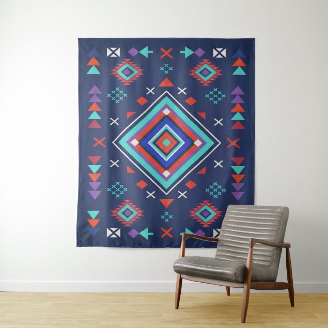 Navy Turquoise Boho Geometric Surface Pattern Tapestry (In Situ)
