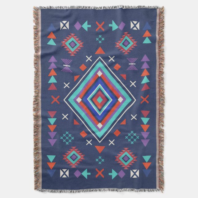 Navy Turquoise Boho Geometric Surface Pattern Throw Blanket (Front Vertical)