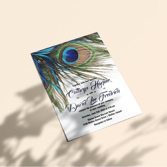 Navy Turquoise Peacock Feather Boho Wedding Invite (Creator Uploaded)