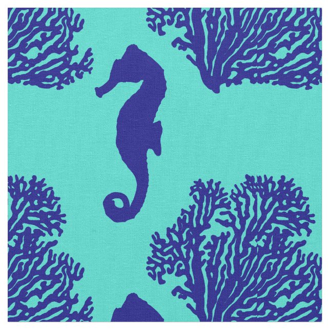 Navy Turquoise Seahorse Coastal Pattern Fabric (Close Up)