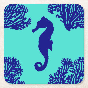 Navy Turquoise Seahorse Coastal Pattern Square Paper Coaster