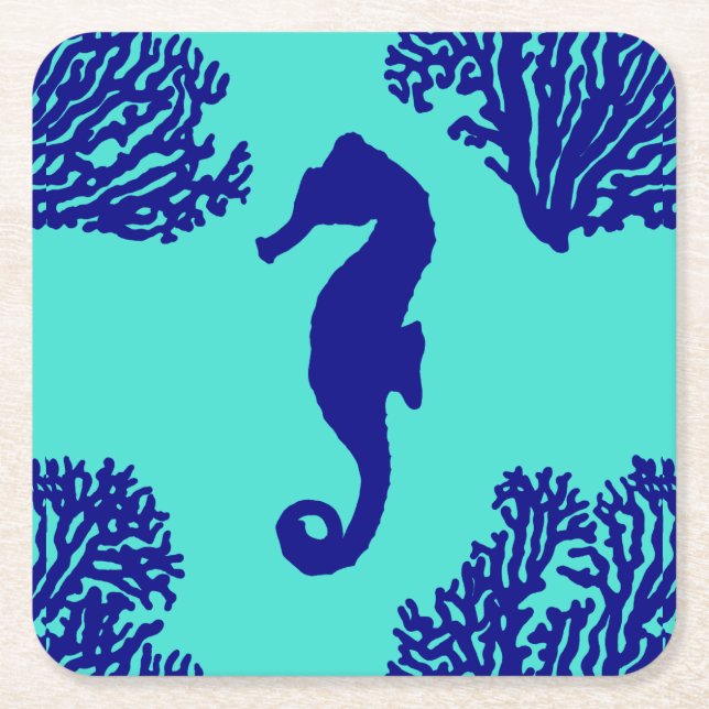 Navy Turquoise Seahorse Coastal Pattern Square Paper Coaster (Front)