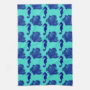 Navy Turquoise Seahorse Coastal Pattern Tea Towel