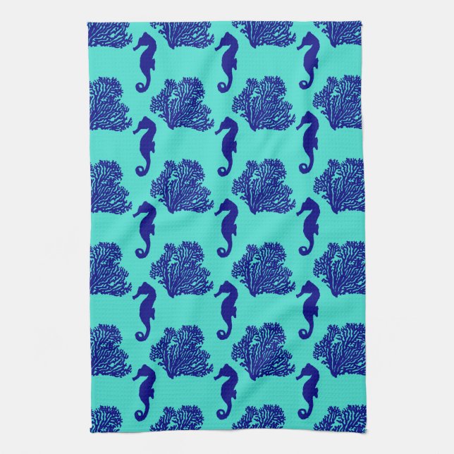 Navy Turquoise Seahorse Coastal Pattern Tea Towel (Vertical)