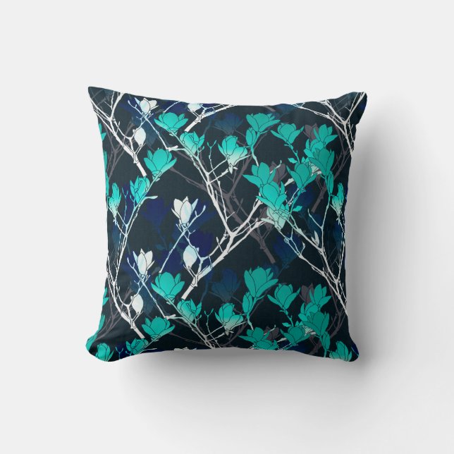 Navy Turquoise & White Modern Floral Pattern Cushion (Front)