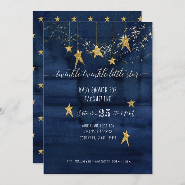 Navy Twinkle Little Star Gold Boy Baby Shower Invitation (Front/Back)