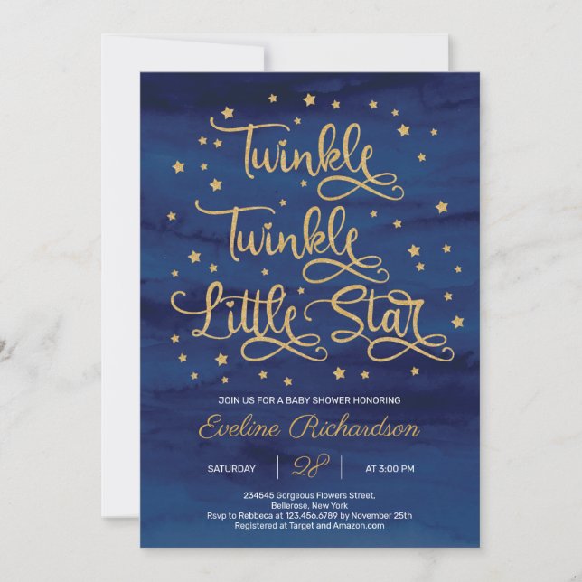 Navy Twinkle Twinkle Little Star Baby Shower Invitation (Front)