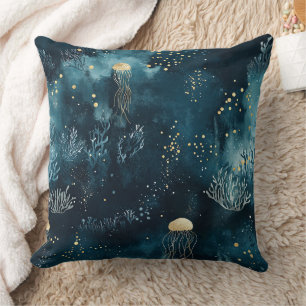 Navy Underwater Jellyfish Marine Life Pattern Cushion