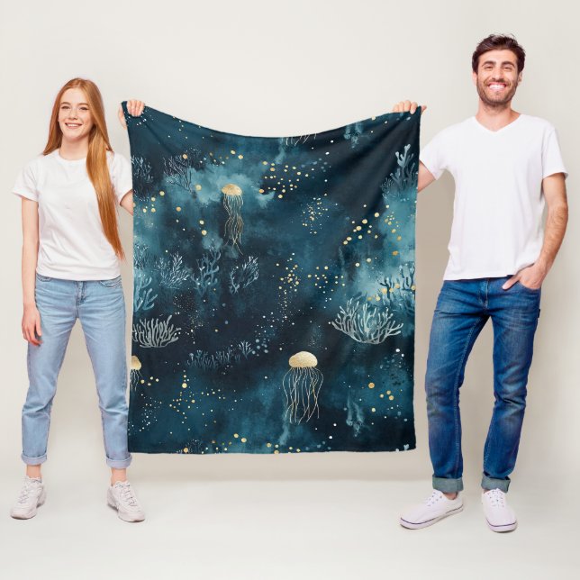 Navy Underwater Jellyfish Marine Life Pattern Fleece Blanket (In Situ)