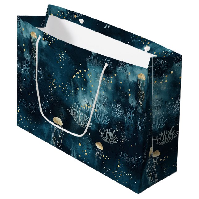 Navy Underwater Jellyfish Marine Life Pattern Large Gift Bag (Front Angled)